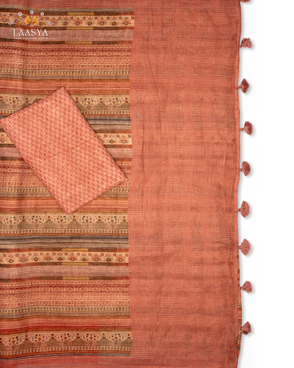 Pure Organic Linen Premium Quality Digital Print Saree in Coral Shade