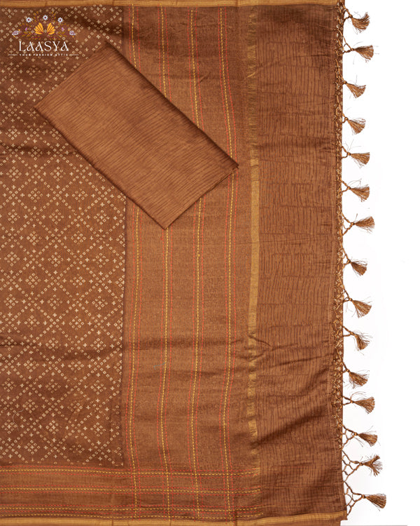 Pure Chanderi Silk Cotton Saree with Bandini Print and Kantha Stitch Border in golden brown shade