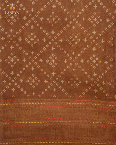 Pure Chanderi Silk Cotton Saree with Bandini Print and Kantha Stitch Border in golden brown shade