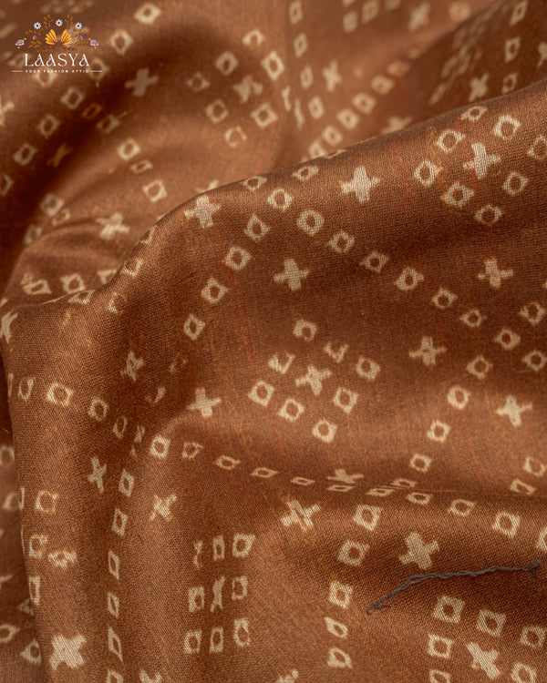 Pure Chanderi Silk Cotton Saree with Bandini Print and Kantha Stitch Border in golden brown shade