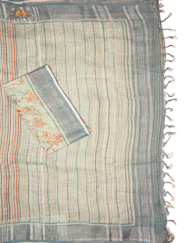 Pure Organic Linen Premium Quality Digital Print Stripes Saree in Baby Blue Shade