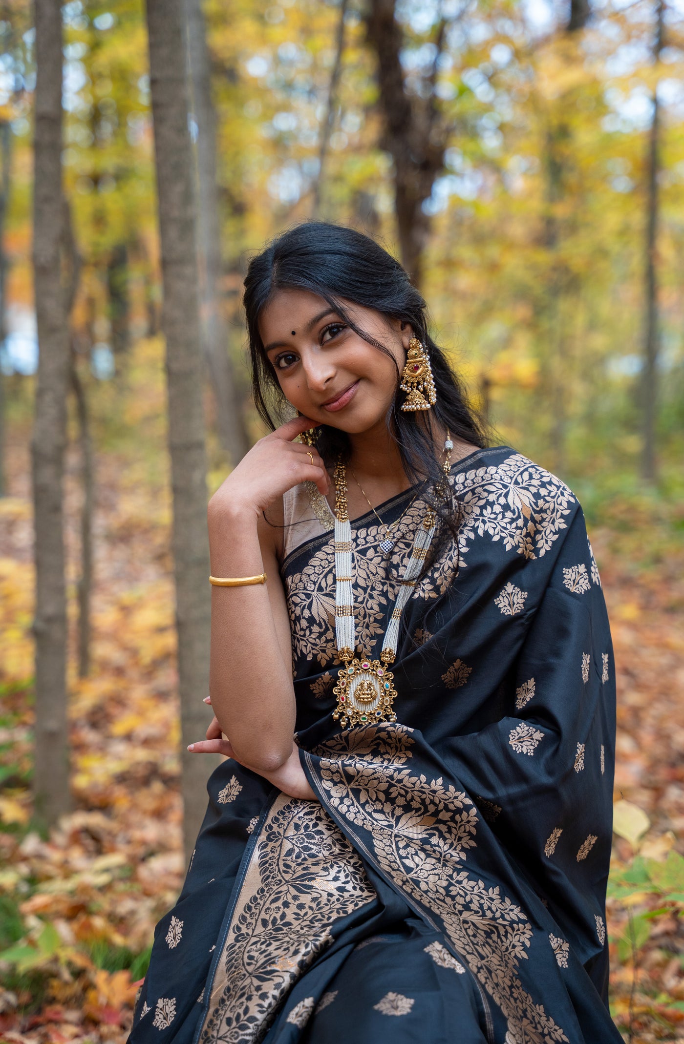 Black Silk Blend Saree with Antique Gold Zari Weave