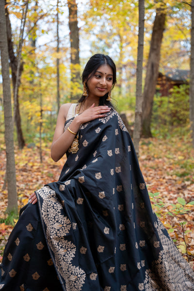 Black Silk Blend Saree with Antique Gold Zari Weave