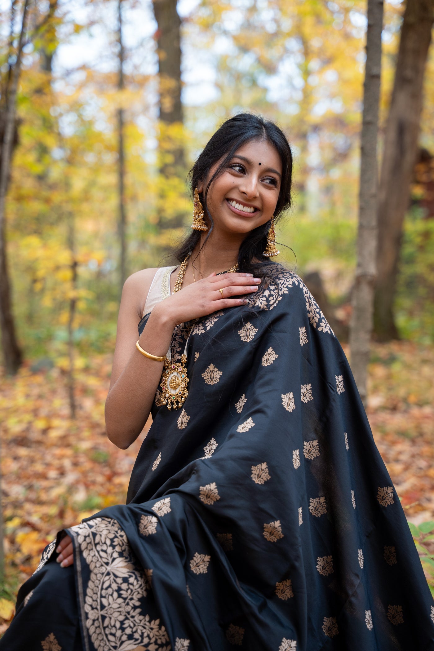 Black Silk Blend Saree with Antique Gold Zari Weave