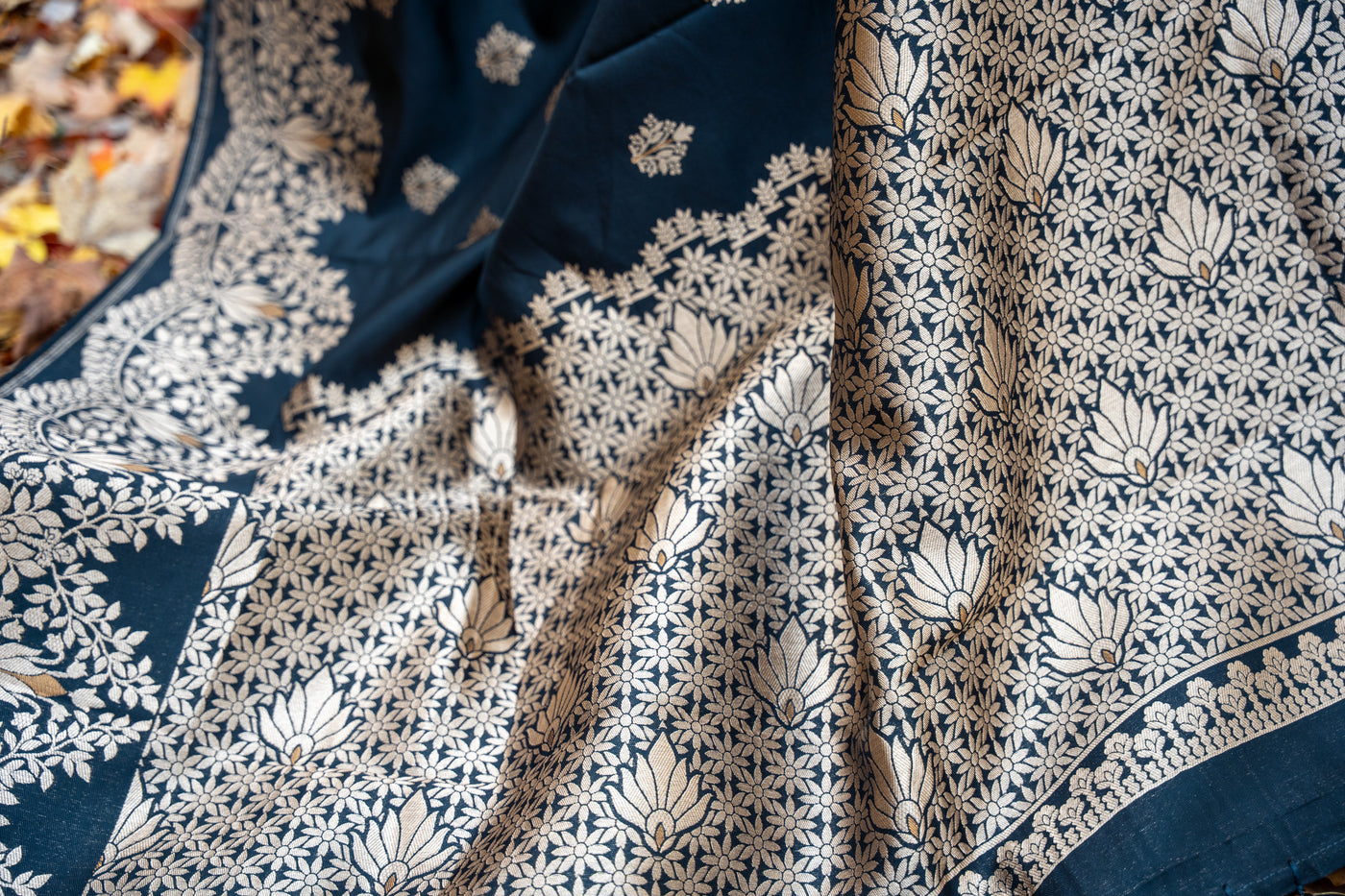 Black Silk Blend Saree with Antique Gold Zari Weave