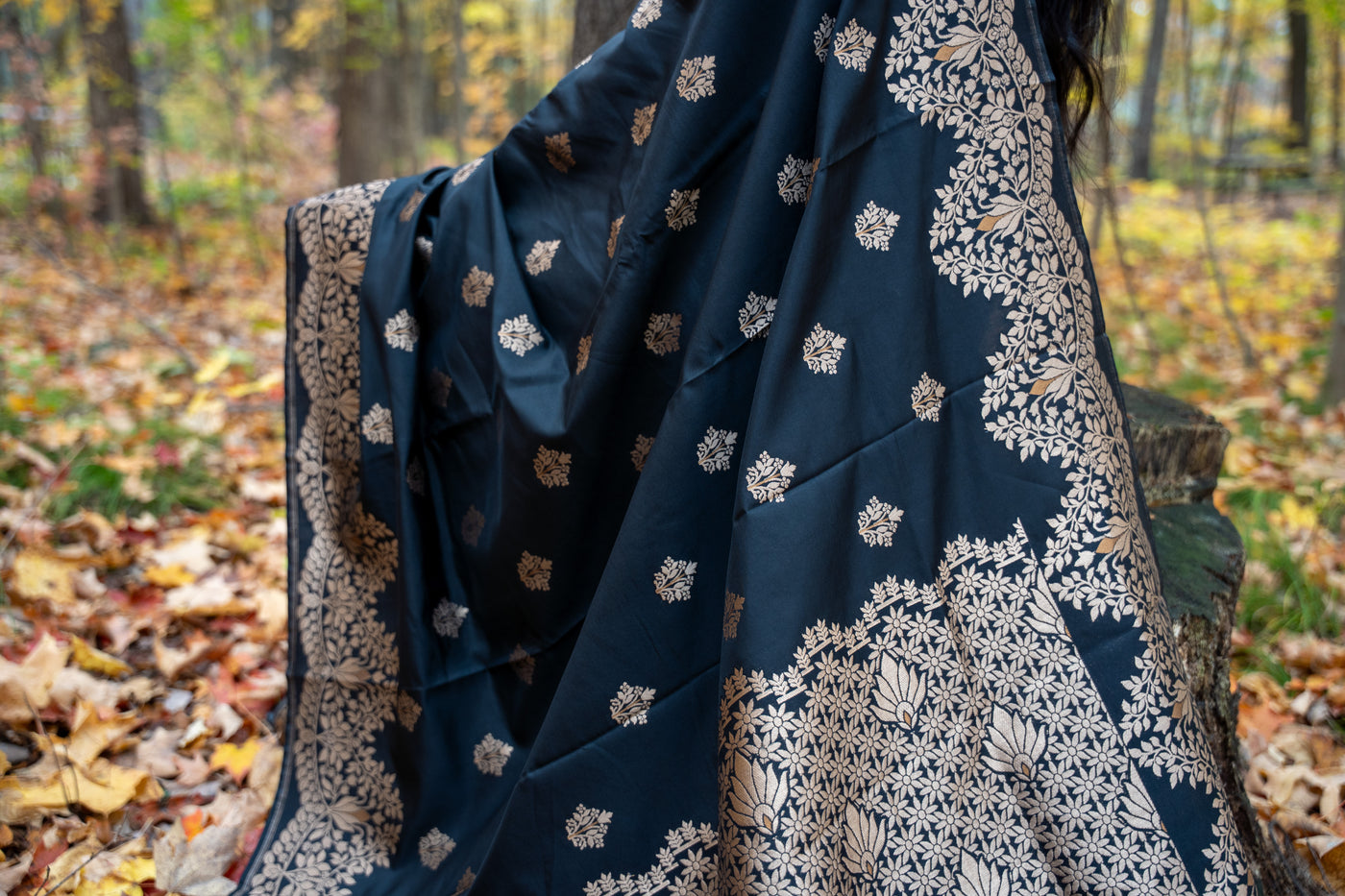 Black Silk Blend Saree with Antique Gold Zari Weave