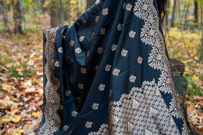 Black Silk Blend Saree with Antique Gold Zari Weave