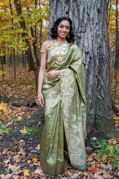 Olive Green Silk Blend Saree with Gold Zari Motifs