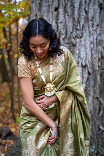 Olive Green Silk Blend Saree with Gold Zari Motifs