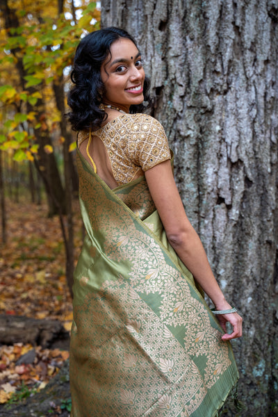 Olive Green Silk Blend Saree with Gold Zari Motifs