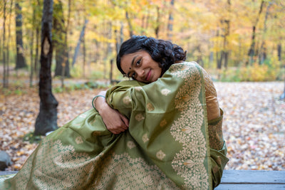 Olive Green Silk Blend Saree with Gold Zari Motifs