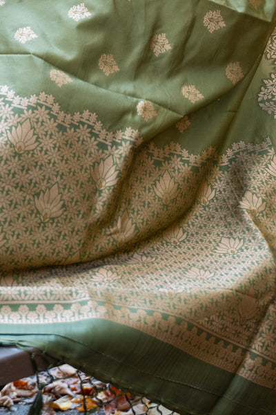 Olive Green Silk Blend Saree with Gold Zari Motifs