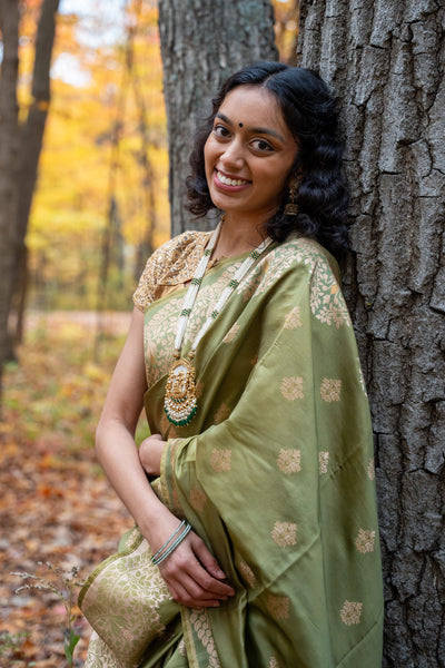 Olive Green Silk Blend Saree with Gold Zari Motifs