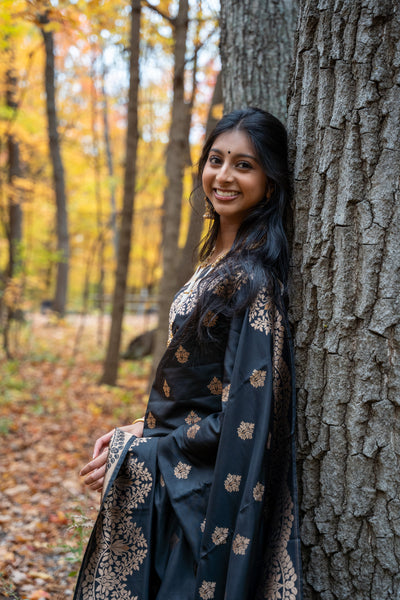 Black Silk Blend Saree with Antique Gold Zari Weave
