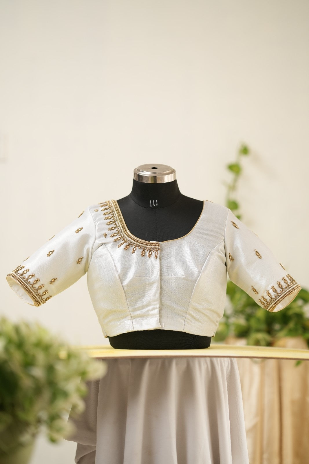 Silver Tissue Aari Handwork Blouse