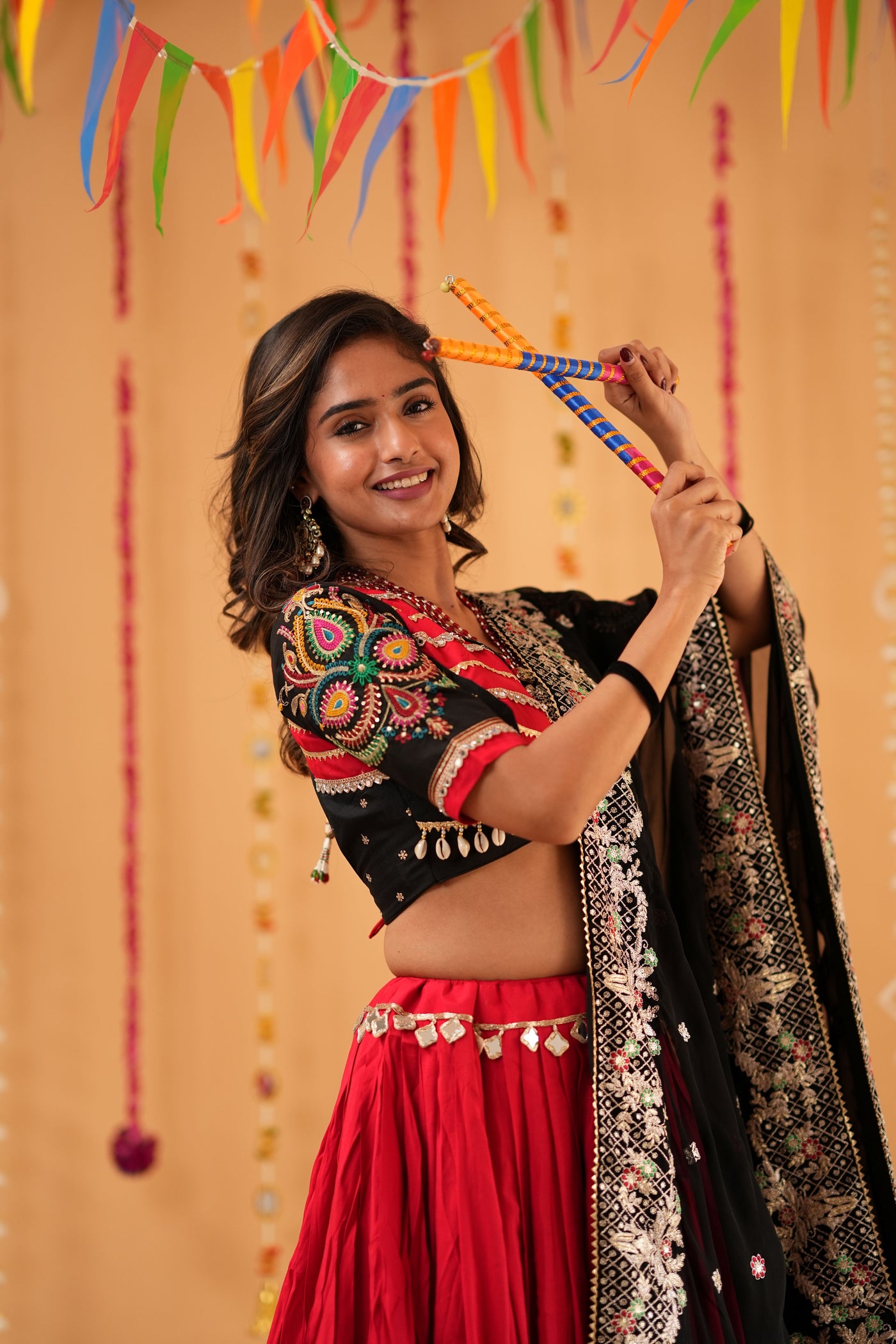 Red & Black Navratri Lehenga with Mirror Blouse