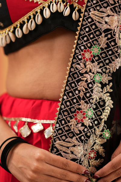 Red & Black Navratri Lehenga with Mirror Blouse