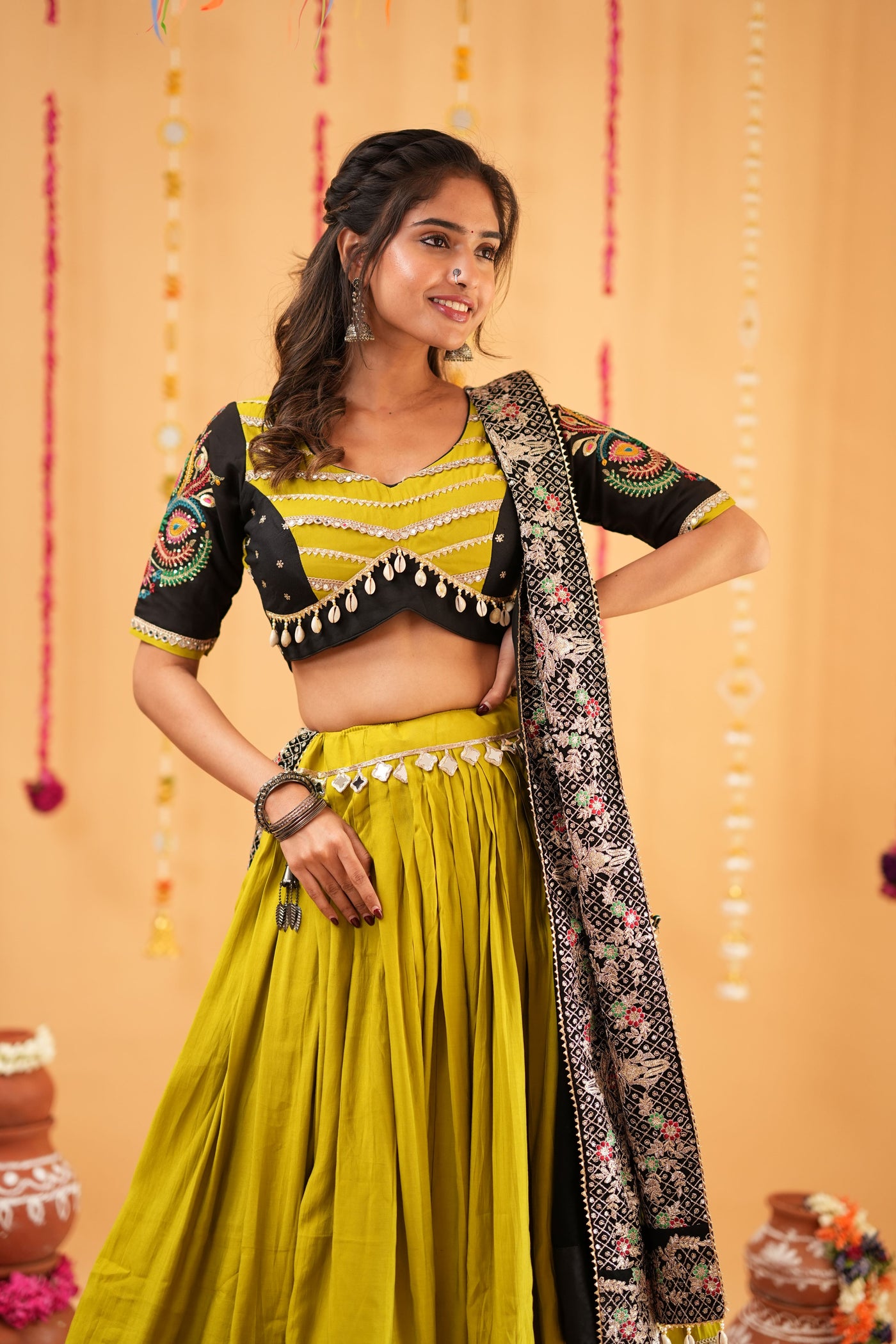Mehendi Green Lehenga with Black Dupatta