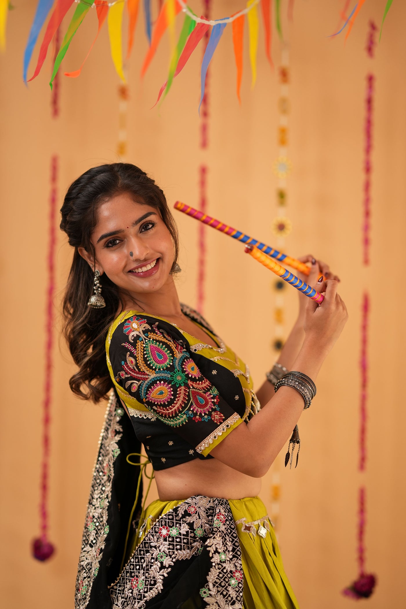 Mehendi Green Lehenga with Black Dupatta