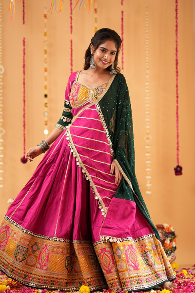 Magenta Navratri Chaniya Choli with Green Dupatta