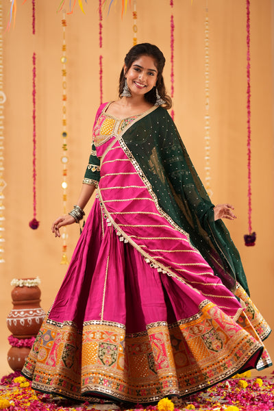 Magenta Navratri Chaniya Choli with Green Dupatta