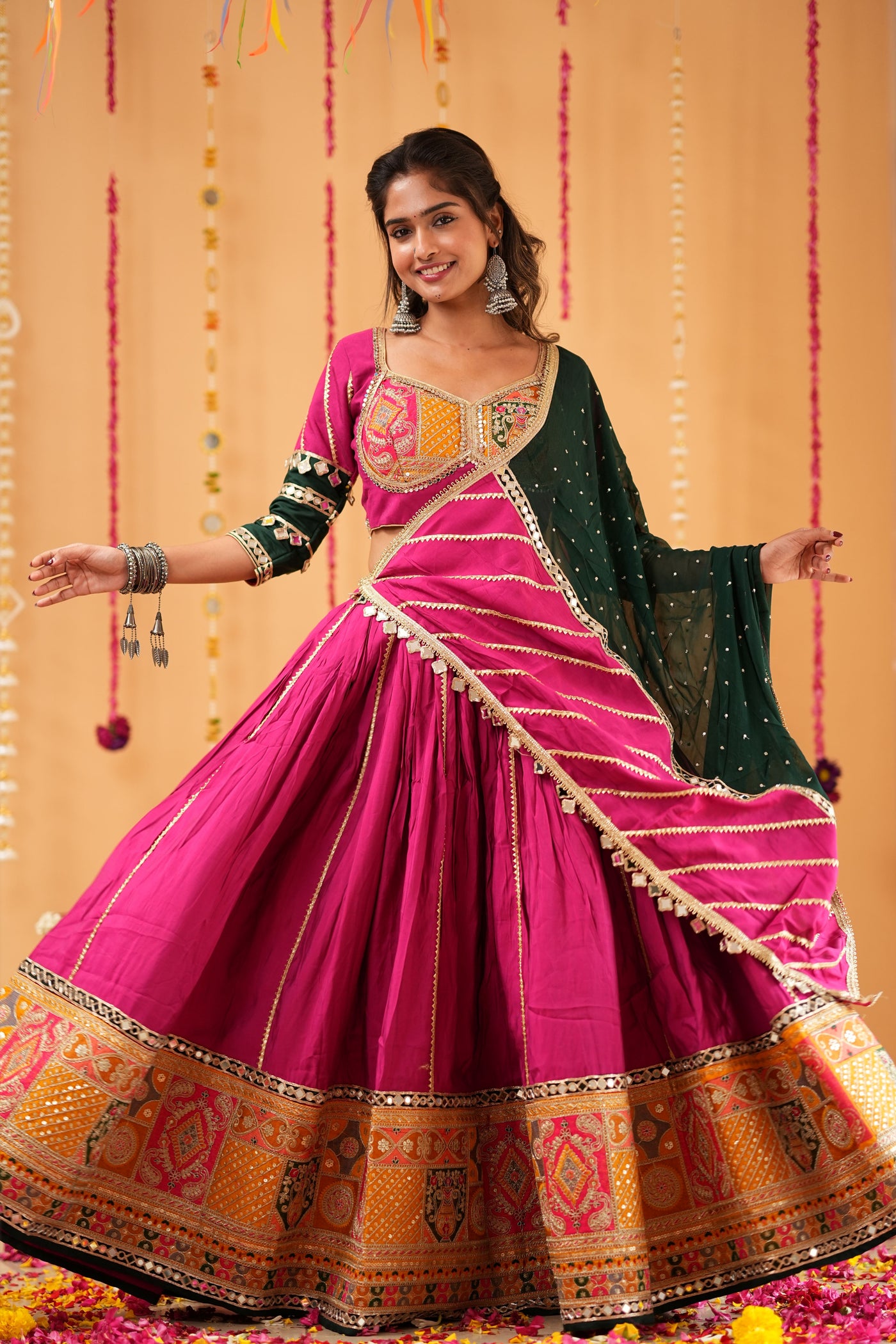 Magenta Navratri Chaniya Choli with Green Dupatta