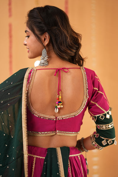 Magenta Navratri Chaniya Choli with Green Dupatta