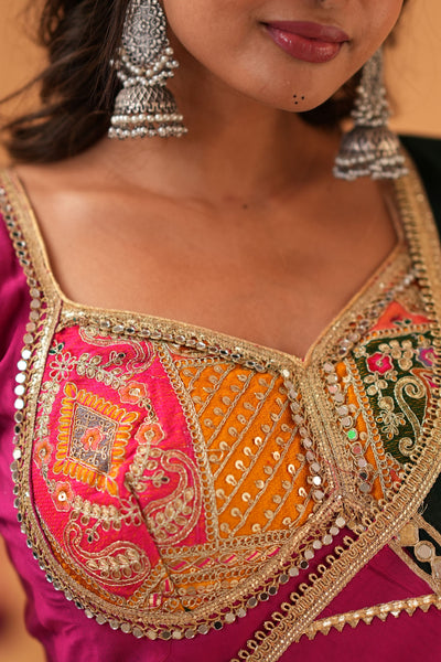 Magenta Navratri Chaniya Choli with Green Dupatta