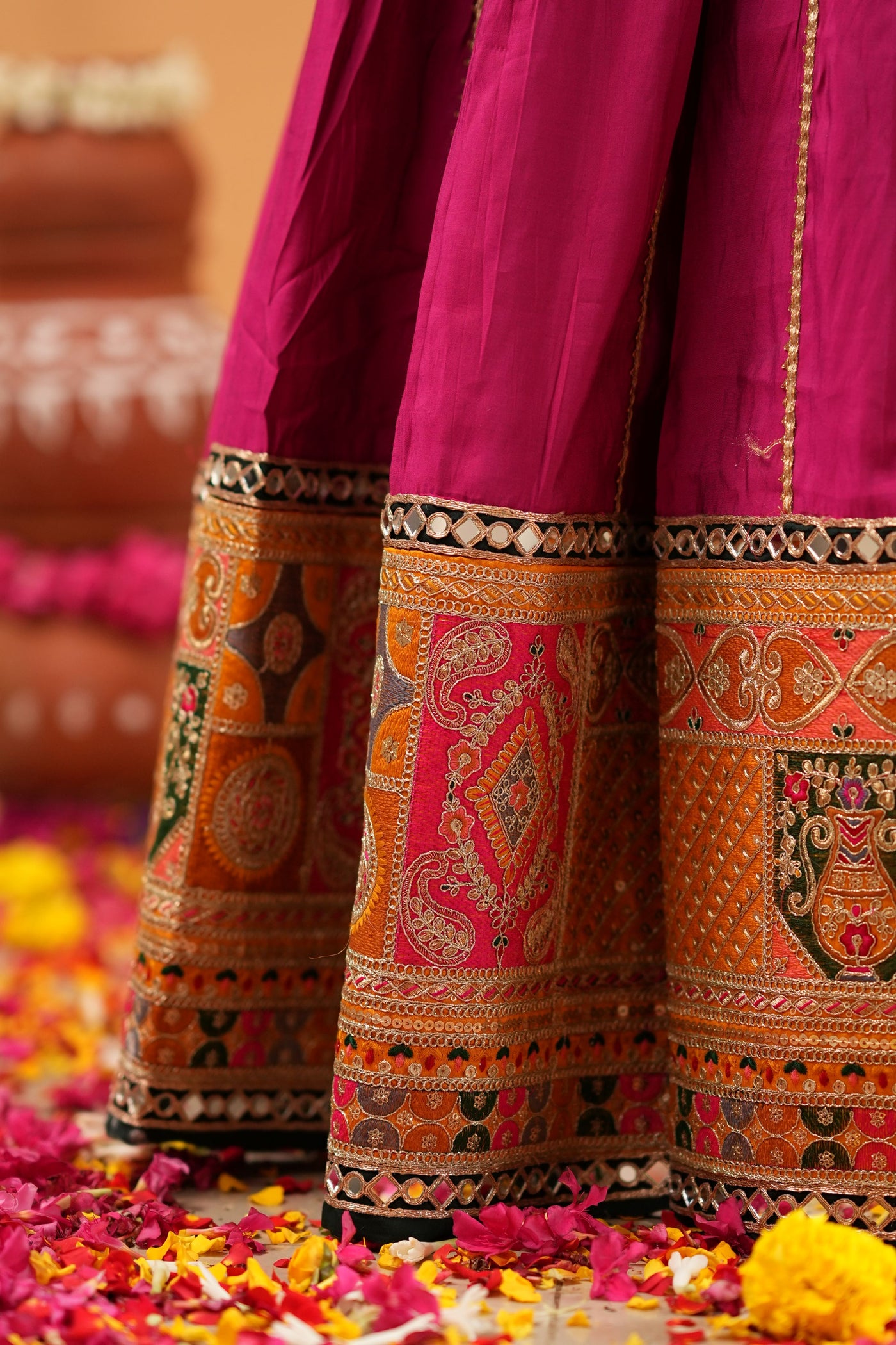 Magenta Navratri Chaniya Choli with Green Dupatta