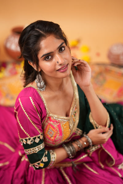 Magenta Navratri Chaniya Choli with Green Dupatta