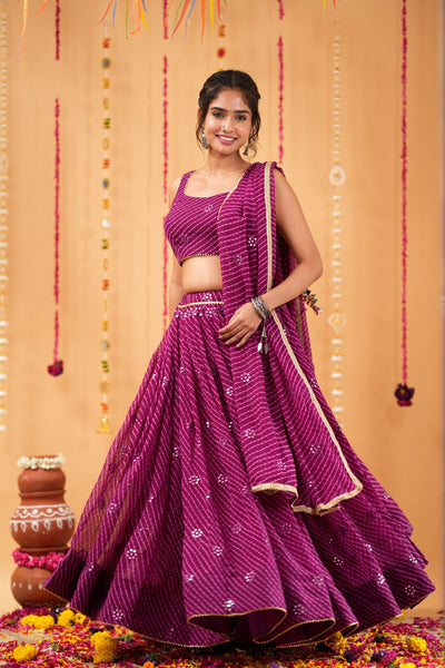 Wine Striped Mirror Work Lehenga Set