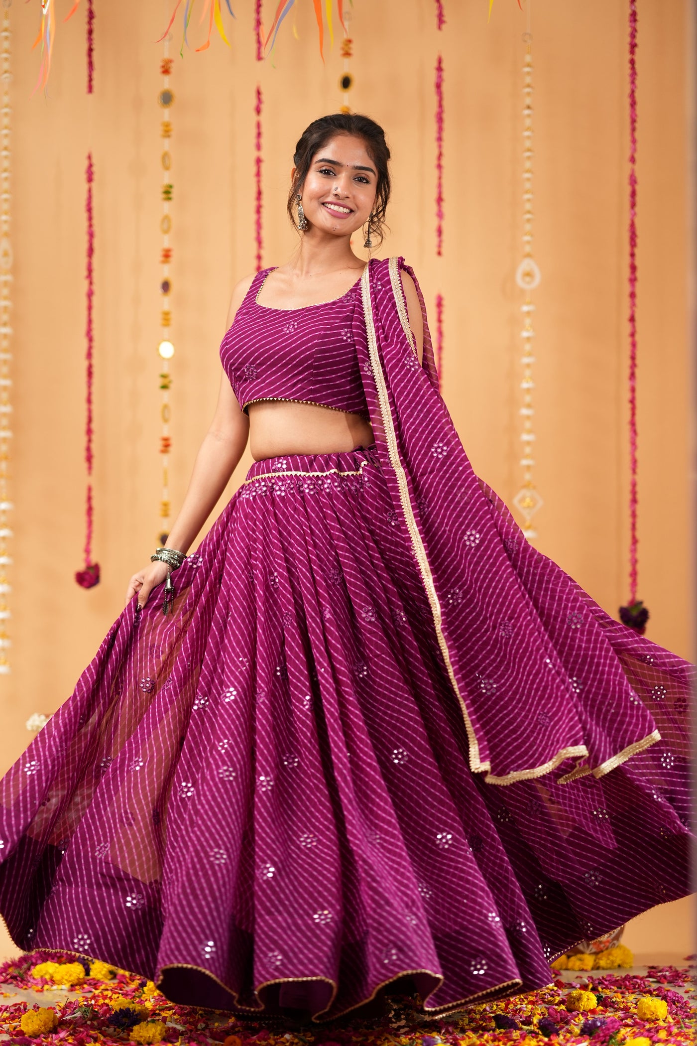 Wine Striped Mirror Work Lehenga Set