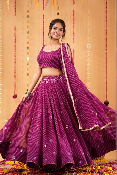 Wine Striped Mirror Work Lehenga Set