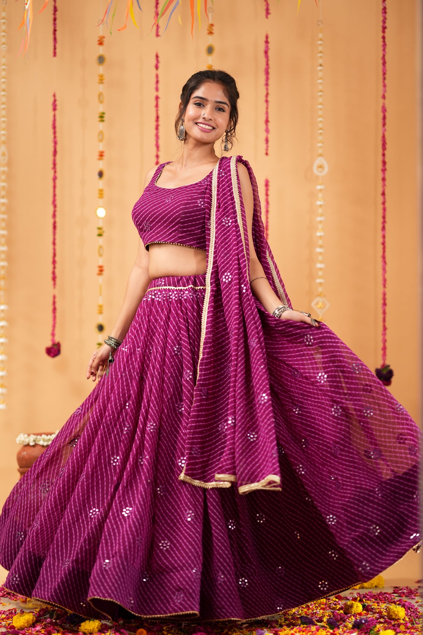Wine Striped Mirror Work Lehenga Set