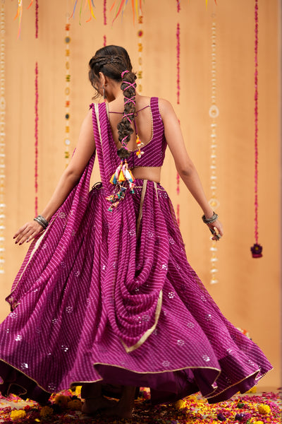 Wine Striped Mirror Work Lehenga Set