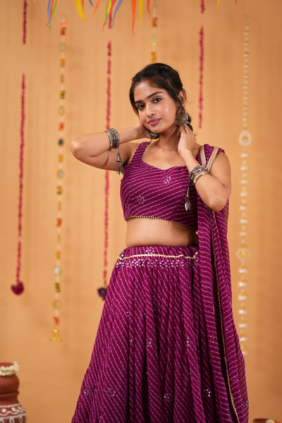 Wine Striped Mirror Work Lehenga Set