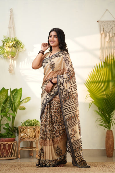 Beige Pure Chanderi Silk Cotton Saree with Traditional Geometric Border