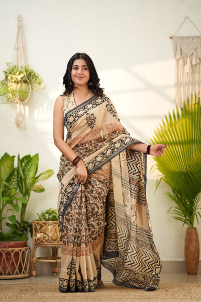Beige Pure Chanderi Silk Cotton Saree with Traditional Geometric Border