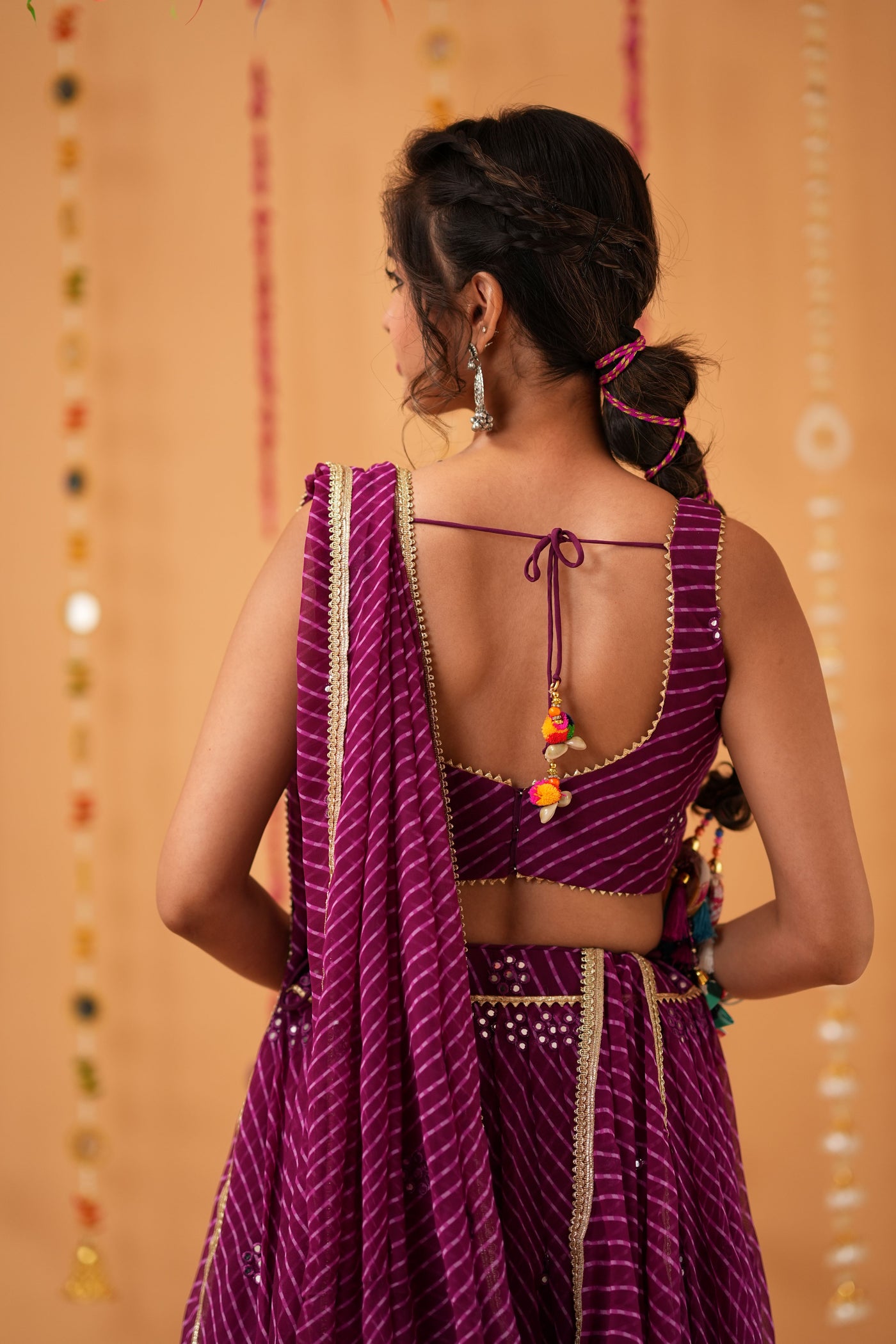 Wine Striped Mirror Work Lehenga Set