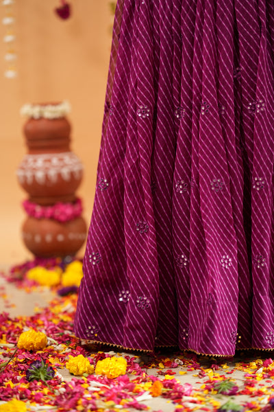 Wine Striped Mirror Work Lehenga Set