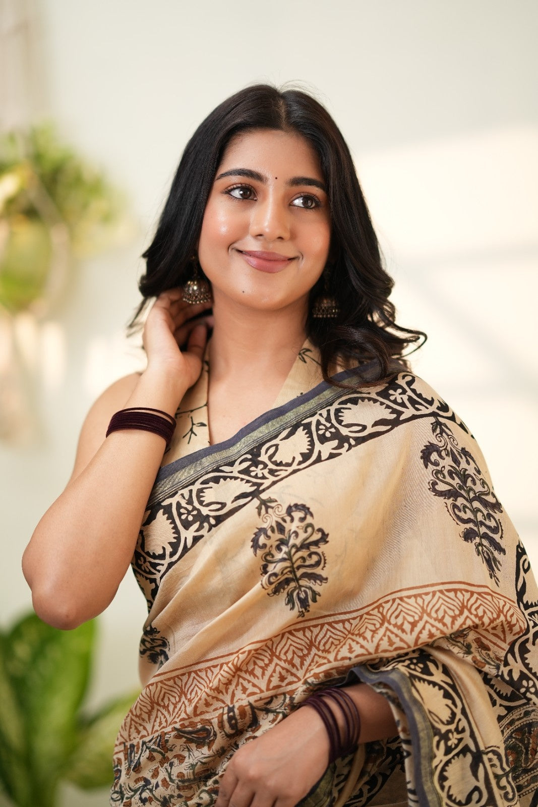 Beige Pure Chanderi Silk Cotton Saree with Traditional Geometric Border