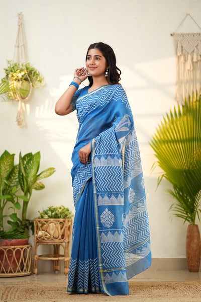 Blue Pure Chanderi Silk Cotton Saree with Geometric and Floral Border