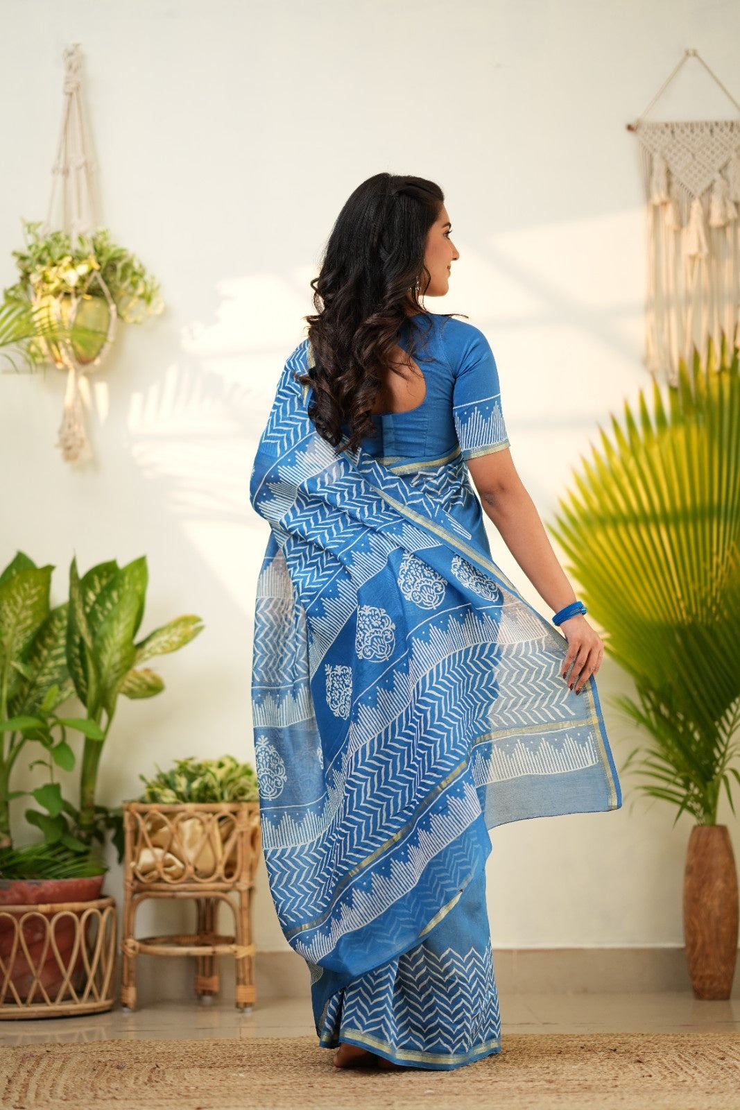 Blue Pure Chanderi Silk Cotton Saree with Geometric and Floral Border