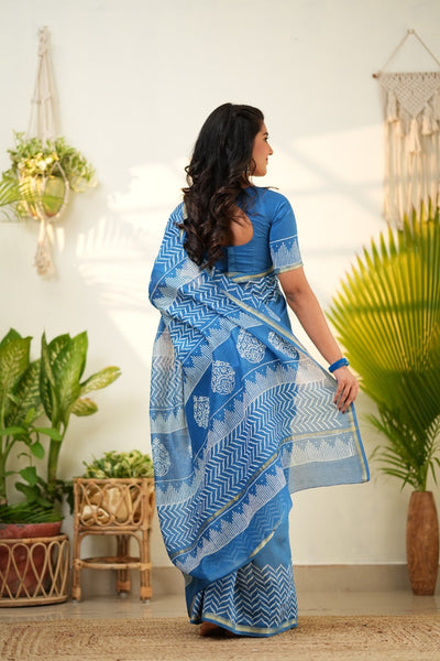 Blue Pure Chanderi Silk Cotton Saree with Geometric and Floral Border