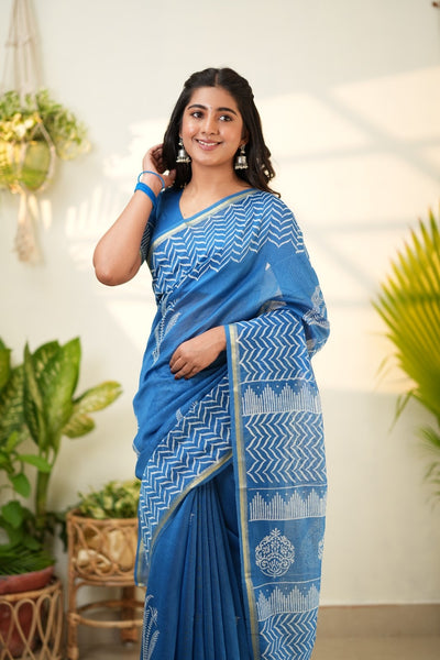 Blue Pure Chanderi Silk Cotton Saree with Geometric and Floral Border