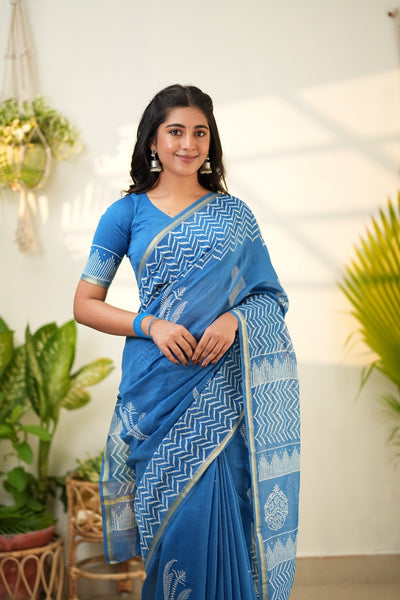 Blue Pure Chanderi Silk Cotton Saree with Geometric and Floral Border