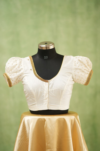 White Aari Handwork Blouse with puff sleeves