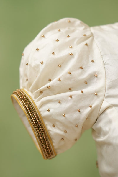 White Aari Handwork Blouse with puff sleeves