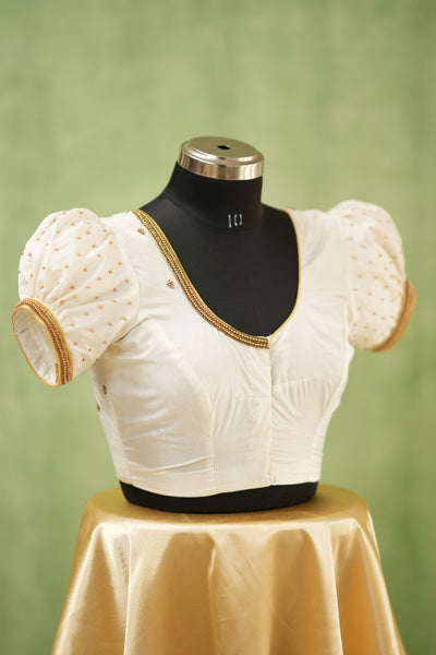 White Aari Handwork Blouse with puff sleeves