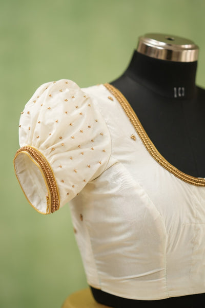 White Aari Handwork Blouse with puff sleeves